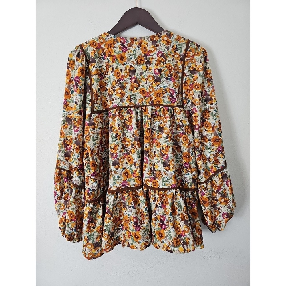 Lady Floral Blouse Long Sleeve Loose Boho Cottagecore Hippie Gypsy Swing Size XL - Picture 2 of 13